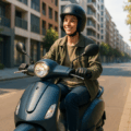 Scooter sans permis : jeune conducteur casqué roulant en ville