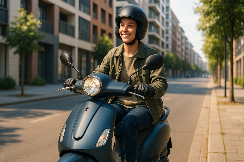 Scooter sans permis : jeune conducteur casqué roulant en ville