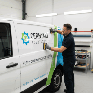 Professionnel en train de floquer une voiture utilitaire blanche avec un adhésif personnalisé.